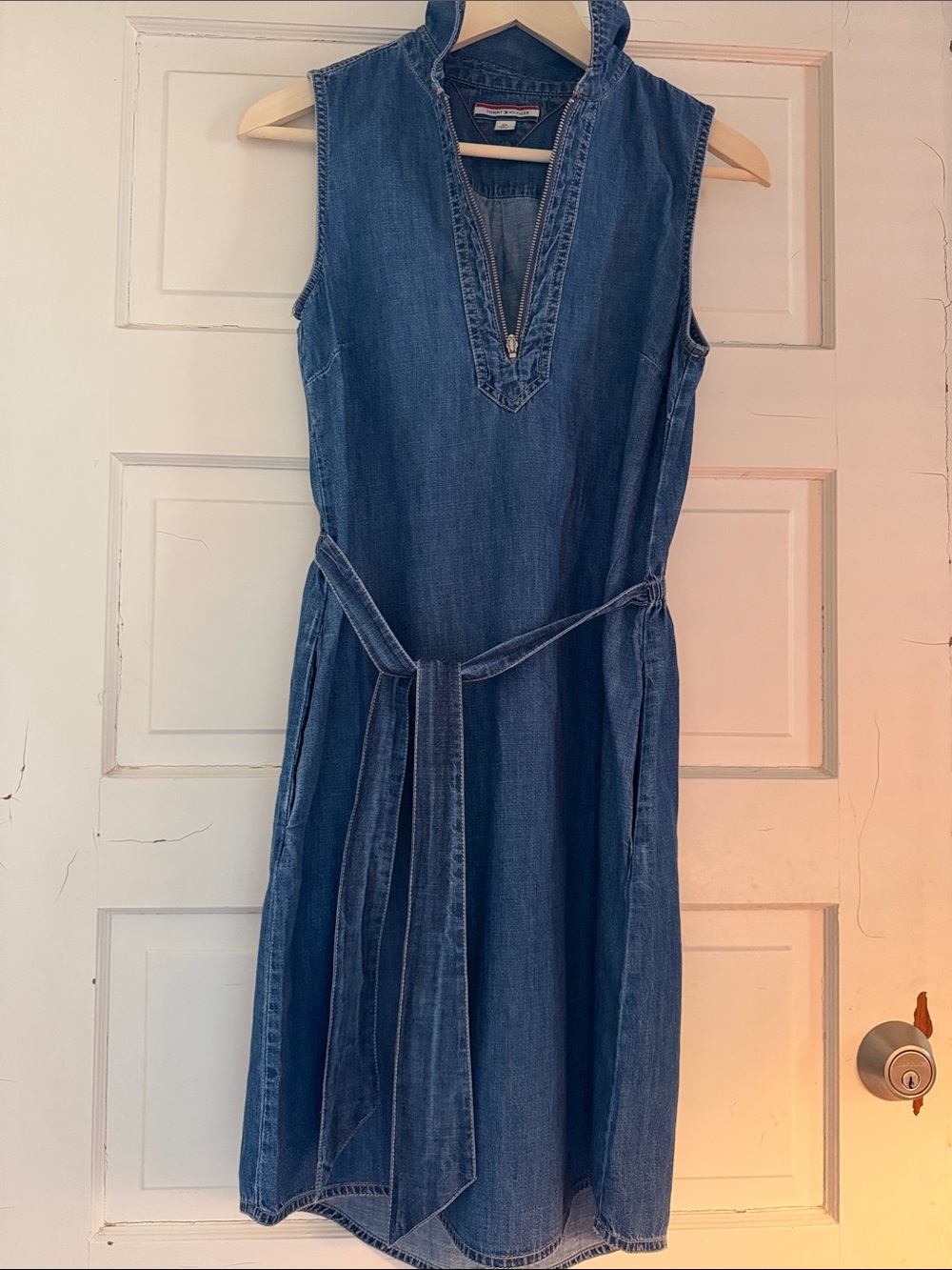 Tommy Hilfiger Sleeveless Denim Midi Dress in Dark Blue with Tie Waist - Picture 2 of 13